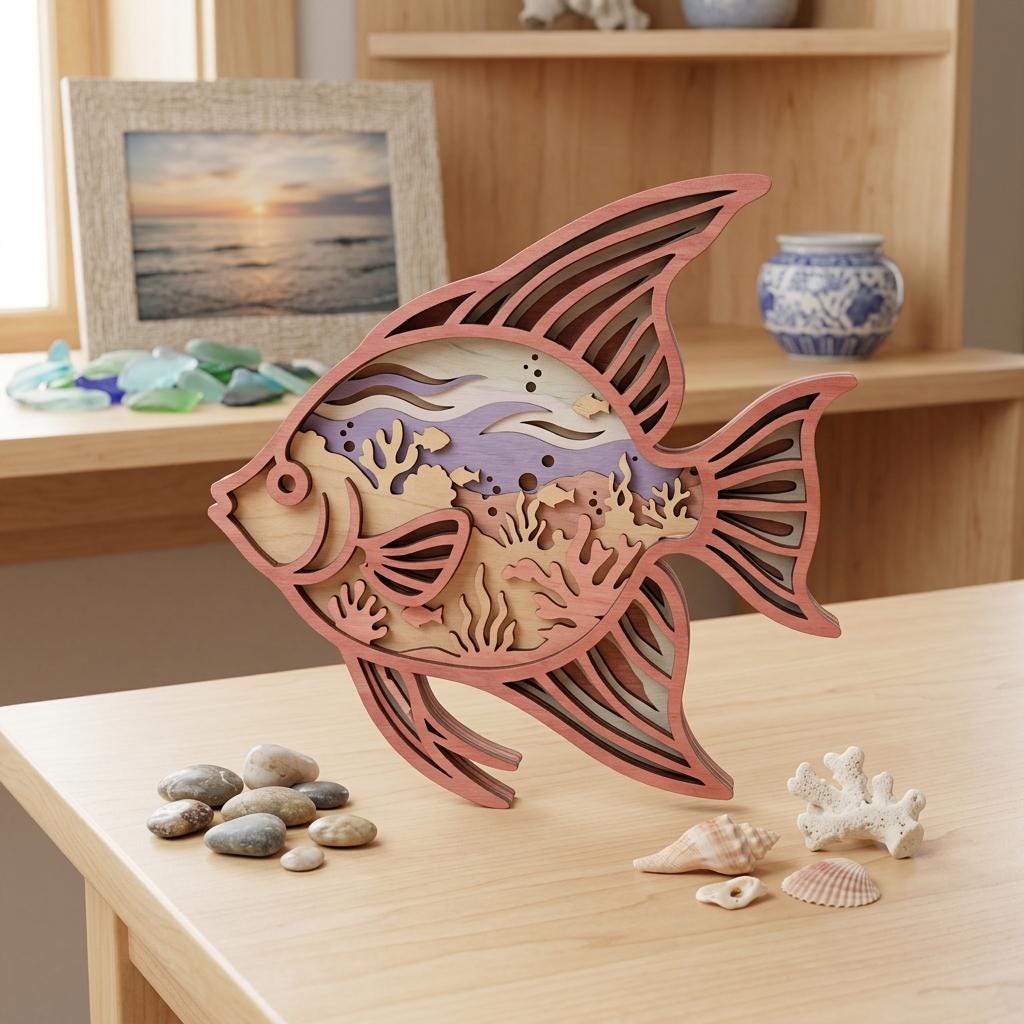 3D Angelfish SVG Layered Laser Cut File, Coral Reef Ocean Scene Wall ...