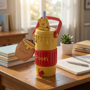 Könnte beinhalten: Eine gelbe Trinkflasche mit rotem Tragegriff und einem roten, strukturierten Band mit der Aufschrift "Poon". Die Flasche hat eine Winnie Puuh-Figur auf dem Deckel, einen hellblauen Strohhalm und einen Anhänger in Form eines Honigtopfs mit "HUNNY".