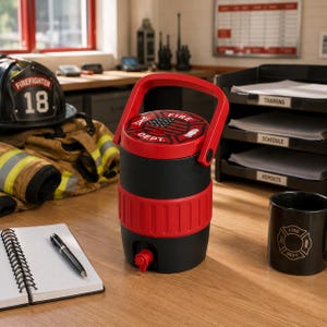 May include: A black and red insulated beverage cooler with a handle and a spigot. The lid features a circular graphic with a fire department emblem, the text "FIRE DEPT.", and an American flag pattern. The cooler has a textured red band around the center.