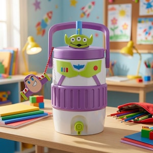 Puede incluir: Un enfriador de bebidas de plástico blanco, morado y verde lima con un diseño de pecho de Buzz Lightyear, una tapa con un alienígena verde de tres ojos, un asa morada y un pequeño dije de Buzz Lightyear unido por una cadena de cuentas rojas.