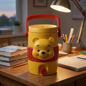 May include: A yellow cylindrical beverage dispenser featuring a molded Winnie the Pooh face on the front. The container has a red top handle, a red band around the middle, and a small red spigot at the base. The design is bright and functional.