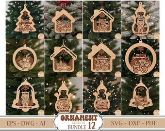 Farm Christmas Ornament Laser Cut File Bundle Svg, Country Tractor and Cow Laser Cut Files, Funny Farmhouse Ornament SVG ,Glowforge Svg File