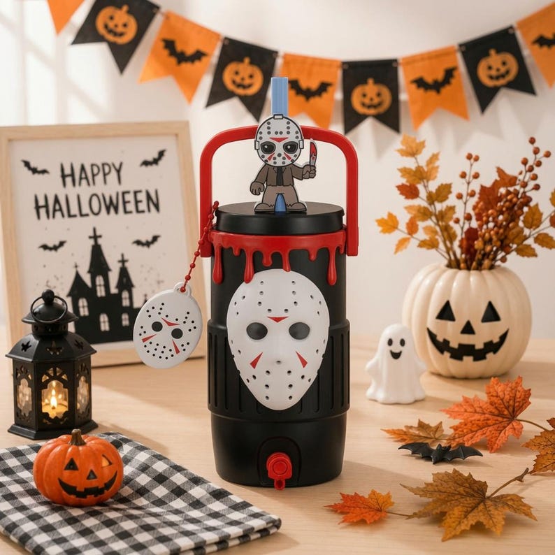 May include: A black beverage dispenser featuring a white hockey mask emblem on the front, a red handle, and a red spigot. A small hockey mask charm hangs from a red chain, and a cartoon figure of a masked character sits on the lid straw.