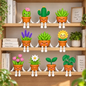May include: A collection of eleven small, orange, smiling plant pots with dangling white legs and feet, each containing a different artificial plant, including cacti, succulents, lavender, a sunflower, tulips, a daisy, and a monstera leaf.