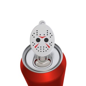 May include: A red aluminum beverage can featuring a white plastic tab cover shaped like a hockey mask. The mask is white with black dots, two black circular eye holes, and two red triangular markings above the eyes, attached to the can tab.