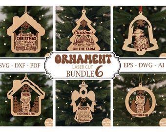 Bundle Country Farm Christmas Ornament Cut File Svg, Cow and Tractor Holiday Laser Cut Files, Funny Wooden Ornament SVG ,Glowforge Svg File