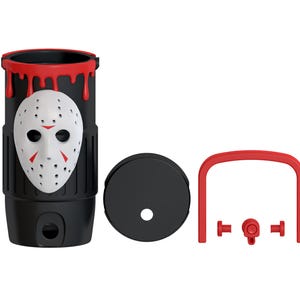 May include: A black cylindrical container featuring a white hockey mask with red accents on the front and red drip-like details at the top rim. The set includes a separate black circular lid with a center hole and a red U-shaped handle component.