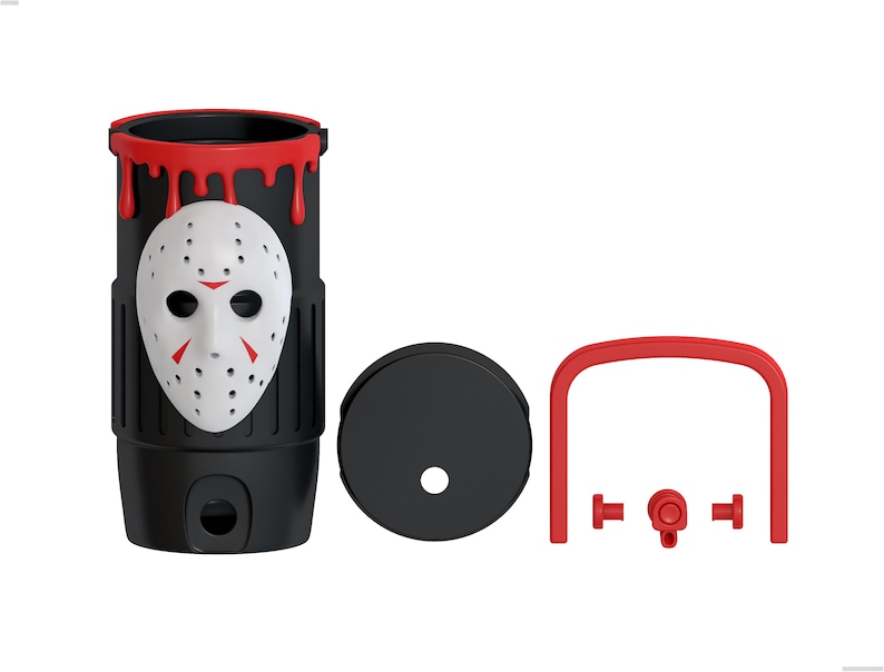 May include: A black cylindrical container featuring a white hockey mask with red accents on the front and red drip-like details at the top rim. The set includes a separate black circular lid with a center hole and a red U-shaped handle component.