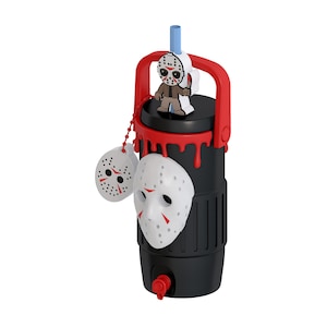 May include: A black plastic water bottle featuring a red handle and a red drip design at the top. It includes a white hockey mask attachment, a small matching mask charm on a chain, and a small figure of a character wearing a hockey mask.