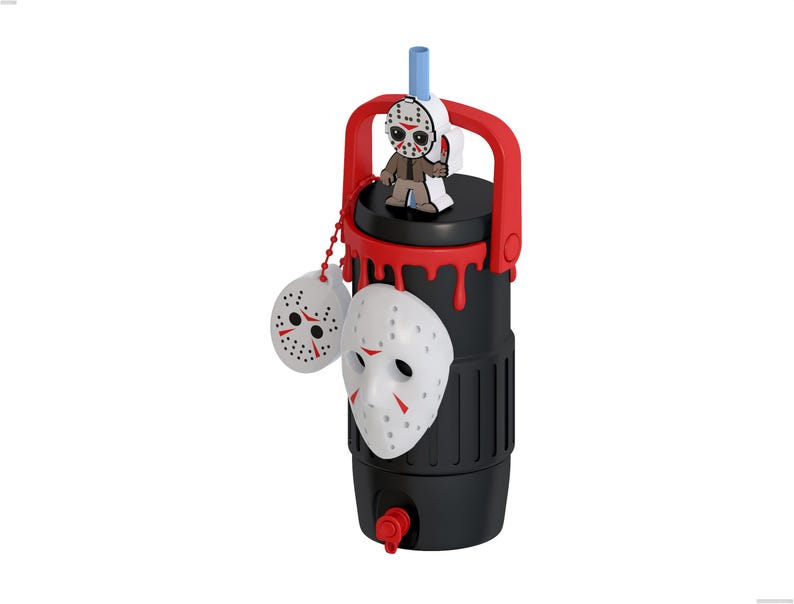 May include: A black plastic water bottle featuring a red handle and a red drip design at the top. It includes a white hockey mask attachment, a small matching mask charm on a chain, and a small figure of a character wearing a hockey mask.