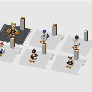 May include: Six white duck figurines displayed on a digital grid interface. Each duck wears different sports-themed attire, including baseball caps, jerseys, and sunglasses, with accessories like pom-poms, a baseball bat, and a drink cup in their wings.