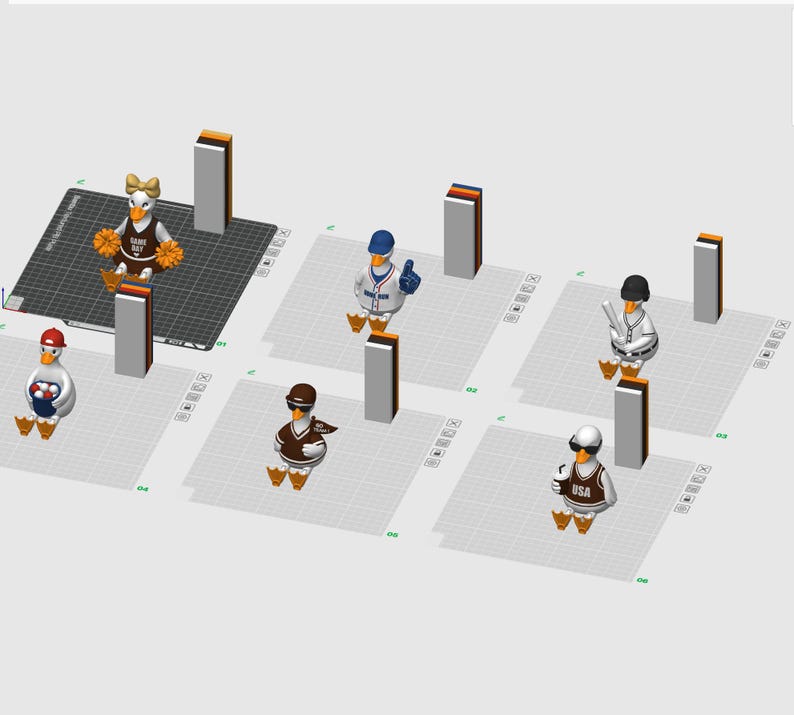 May include: Six white duck figurines displayed on a digital grid interface. Each duck wears different sports-themed attire, including baseball caps, jerseys, and sunglasses, with accessories like pom-poms, a baseball bat, and a drink cup in their wings.