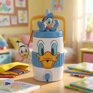 Peut inclure: Une glacière à boisson en plastique blanc et bleu avec un motif Donald Duck sur le devant, une poignée jaune, un couvercle bleu avec une figurine Donald Duck, une paille et un petit robinet à la base, avec une étiquette de personnage assortie.