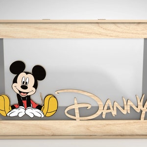 Archivo de corte de alcancía de ratón de dibujos animados, caja de dinero personalizada svg, caja de dinero de madera para niños con nombre, caja de dinero para niños svg, archivos svg Glowforge