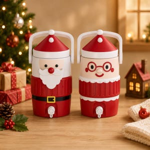 May include: Two cylindrical beverage dispensers with white handles and spigots. The left dispenser features a Santa Claus face with a white beard and black belt. The right dispenser features a character face with red glasses and a red and white outfit.