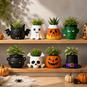 Può includere: Una collezione di otto vasi in ceramica a forma di personaggi di Halloween, tra cui un pipistrello nero, un fantasma bianco, una caramella di mais, un mostro verde, un calderone nero, un teschio bianco, una zucca e un cappello da strega.