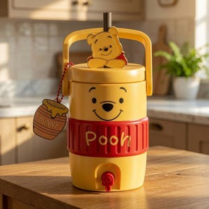 Puede incluir: Un dispensador de bebidas amarillo con el diseño del personaje Winnie the Pooh y una banda roja central con la palabra Pooh. Incluye un asa superior, una pajita, un grifo rojo en la base y una pequeña etiqueta colgante con forma de tarro de miel.