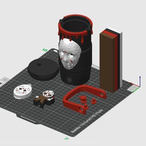 May include: A 3D printed set on a Bambu Textured PEI Plate including a black cylindrical container with a white hockey mask and red drip details, a small hockey mask pendant, a figurine, a red handle, and a rectangular block with brown, red, black, and white layers.