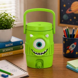 Puede incluir: Un dispensador de bebidas de color verde lima brillante con un gran ojo central, dos pequeños cuernos blancos y una boca ancha sonriente con dientes. El recipiente cilíndrico tiene un asa superior, una tapa plana y un grifo en la base.