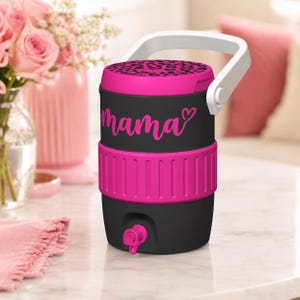 May include: A black and hot pink beverage cooler with a white handle and a spigot at the base. The lid features a black leopard print pattern on a hot pink background. The word mama is printed in hot pink script with a heart icon on the front.