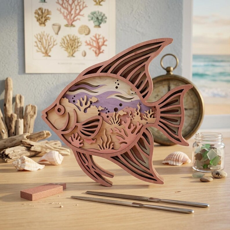 3D Angelfish SVG Layered Laser Cut File, Coral Reef Ocean Scene Wall ...