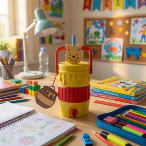 May include: A yellow and red plastic beverage dispenser shaped like a honey pot with a Winnie the Pooh character topper, a red handle, a small spigot at the base, and a dangling brown honey pot tag labeled Hunny attached by a red beaded chain.