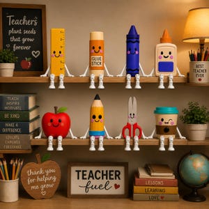 Puede incluir: Una colección de ocho figuras decorativas con forma de material escolar, incluyendo una regla, pegamento, crayón, frasco de pegamento, manzana, lápiz, tijeras y taza de café, cada una con una cara sonriente y piernas colgantes.