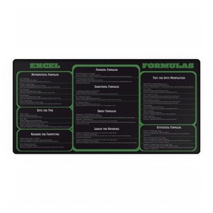 May include: A black and green desk mat with the word "EXCEL" in white letters and the word "FORMULAS" in green letters. The mat is divided into sections with different Excel formulas listed in white text on a black background.