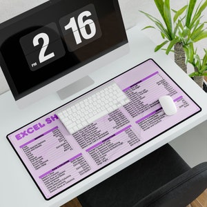 May include: A purple and white desk mat with a keyboard and mouse on it. The mat has a list of Excel shortcuts and commands for navigating, formatting, and working with rows and columns.