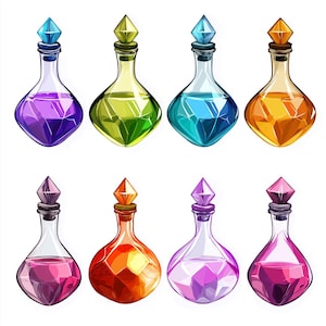 Puede incluir: Ocho botellas de vidrio con tapones en forma de diamante y líquidos coloridos en su interior. Las botellas están dispuestas en dos filas de cuatro, cada fila con un color diferente: morado, verde, azul, naranja, rosa, rojo, morado claro y rosa.