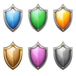 May include: Six cartoon-style shields with different colored centers. The shields are silver with gold accents. The colors of the centers are blue, green, orange, gold, pink, and gray.
