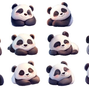 May include: Nine black and white panda bears are sleeping with their paws covering their faces. The pandas are all facing forward and are arranged in three rows of three.