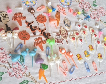 Lot of 60 Vintage Cake Toppers Picks Plastic Candle Holders Wilton Mid Century