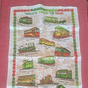 Trolleys Through the Years Mid Century Vintage  Linen Tea Towel