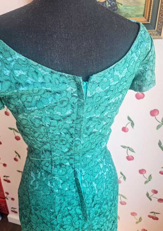 1960s Green Over Lace Wiggle Dress MCM Mid Century