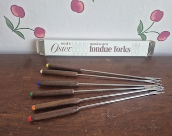 Six Vintage Oster Wooden fondue forks in original box