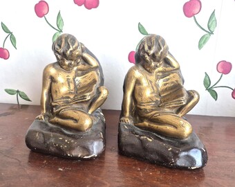 Antique Bookends Cherub Boy Reading Book by S. Morani
