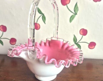 Fenton Silver Crest White Pink Glass Basket Vintage 7.5 - 8" H Candy Peach