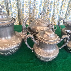 Five Piece Royal MFG Co Triple Plates Forbes Silver Co Quadruple Plated Antique Tea Set Serving Dish