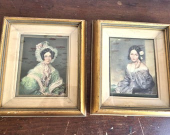 Pair of 2 Vtg Framed Portraits of Victorian Ladies Women Mid 19th Century Prints