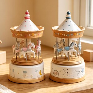 May include: Two wooden carousel music boxes featuring white horses with pink or blue saddles. The left carousel has a pink polka-dot roof, while the right has a blue polka-dot roof. Both bases are decorated with celestial and weather-themed illustrations.