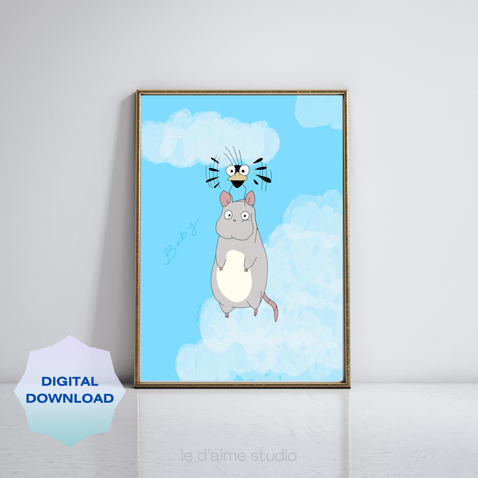 Baby Mouse and Bird Flying in the Blue Sky Digital Art Print | Instant Download| Wall Art Poster| Minimalist Home Decor Gift