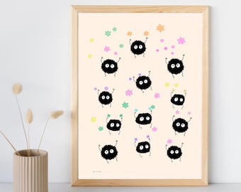 Soots playing with stars Spirited Away Studio Ghibli Digital Art Print| Instant Download| Wall Poster| Minimalist Illustration Home Decor