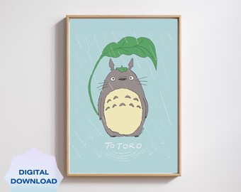 Grey Bear Character Leafy Blue Rainy Day | Instant Download| Wall Art Poster| Digital Fan Art Print| Minimalist Illustration Home Decor Gift