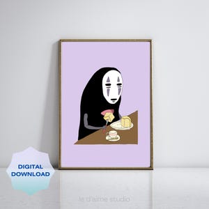 No Face Eating Cake Pastel Purple Digital Art Print | Instant Download| Studio Ghibli Inspired Wall Art Poster| Minimalist Anime Home Decor