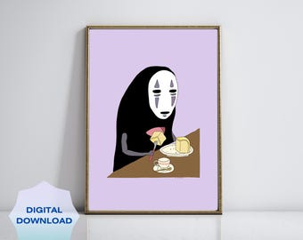 No Face Eating Cake Pastel Purple Digital Art Print | Instant Download| Studio Ghibli Inspired Wall Art Poster| Minimalist Anime Home Decor