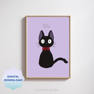 Black Cat Digital Print| Instant Download| Japanese Anime Purple Pastel Wall Poster| Minimalist Illustration Home Bedroom Living Decor