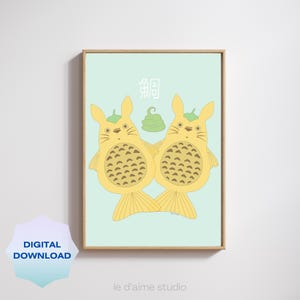 Totoro Taiyaki Digital Art Print | Studio Ghibli Inspired Wall Art| Japanese Dessert Illustration| Instant Download Living Room Office Decor