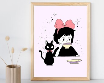 ◆Kikiさん専用【ガーデンバッグ】【カレンダーセット】やっちゃんねる◆ Kiki Having Afternoon Tea With Jiji Cat Digital Art Print| Instant