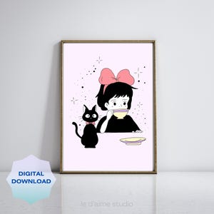 Kiki beim Nachmittagstee mit Jiji Cat Digital Art Print | Sofortdownload| Studio Ghibli inspirierte Wandkunst Poster | Anime Büro Home Decor